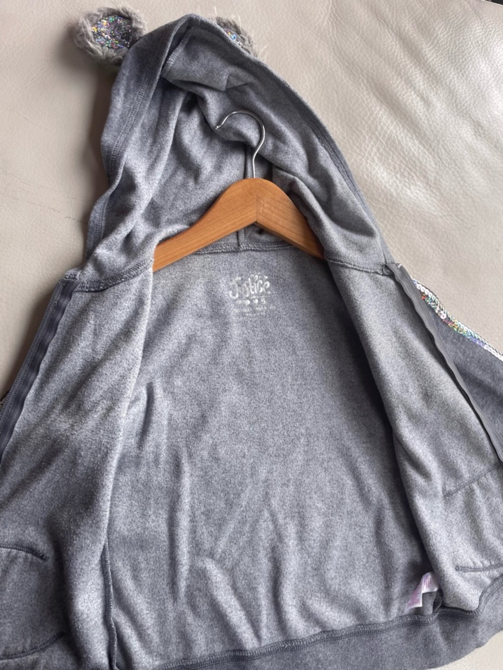 Sequin 3D Bear Ears Hoodie! Sequins on Ears, Pockets & Sleeves, Soft Gray Velour - Picture 11 of 14